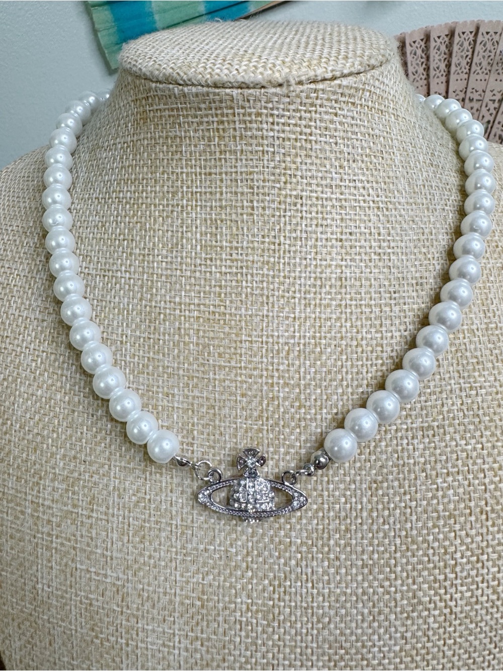 Glass Pearl Bead Necklace with Silver Orb Pendant - White